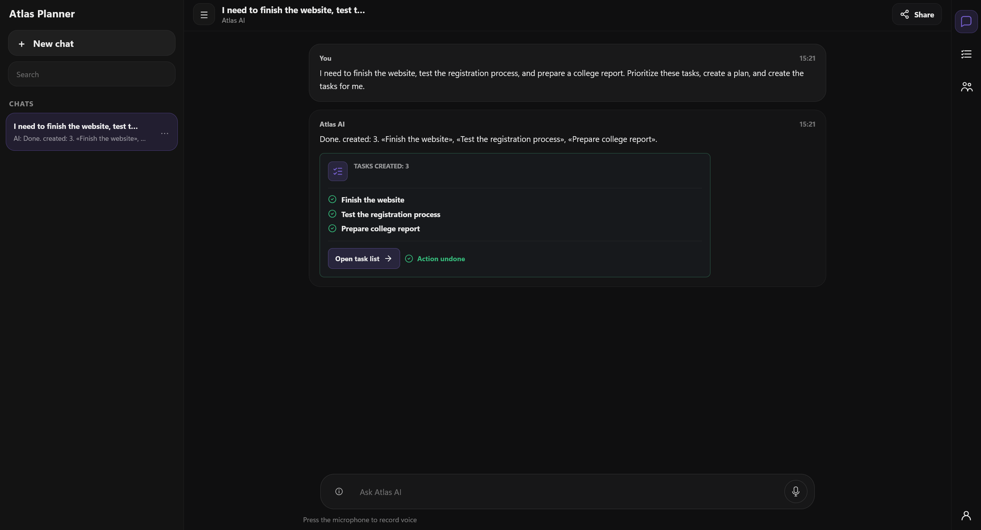 Atlas AI turns a user's goal into tasks and shows the completed changes