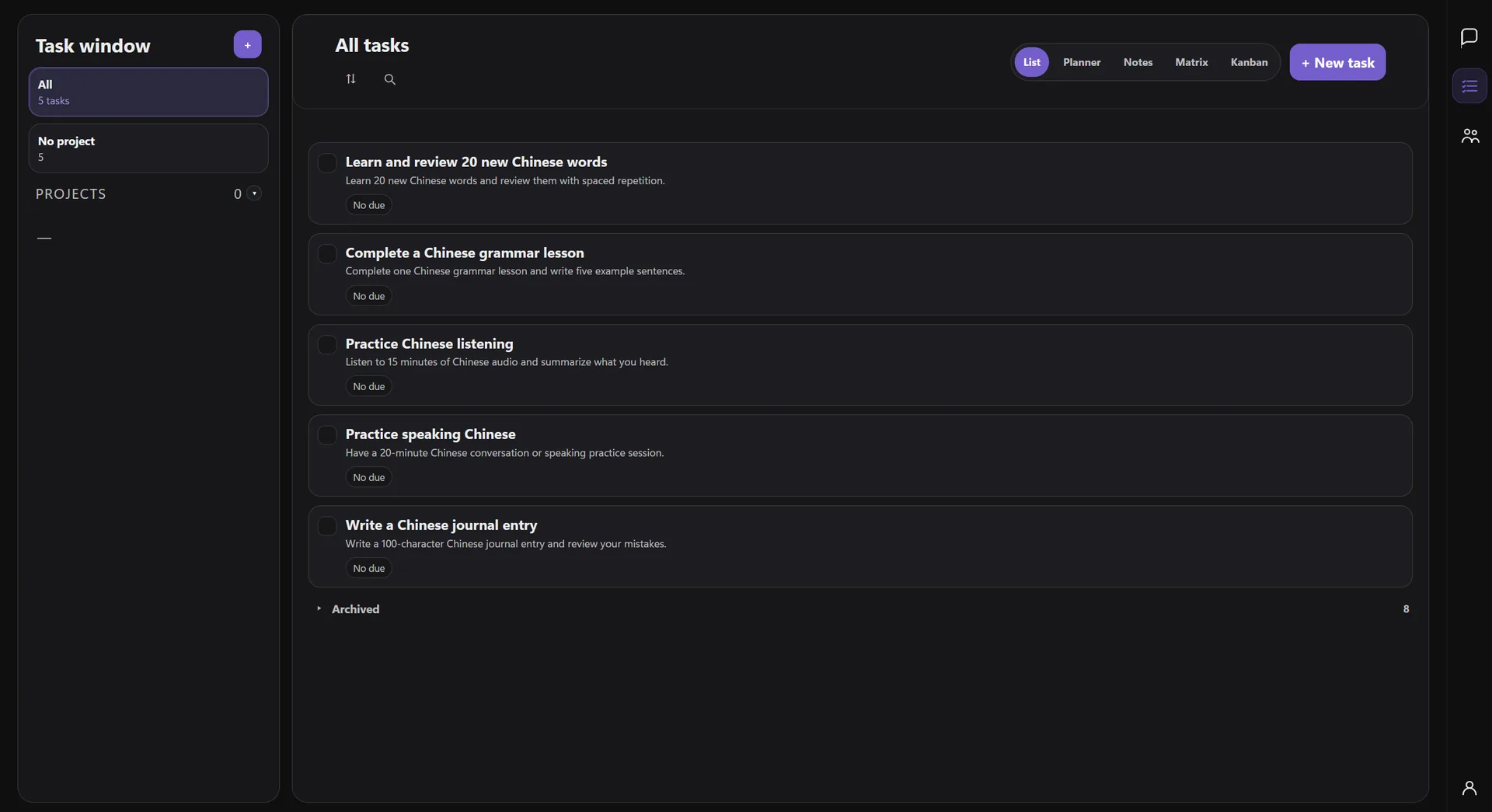 A task list created by Atlas Planner from a user's natural-language request